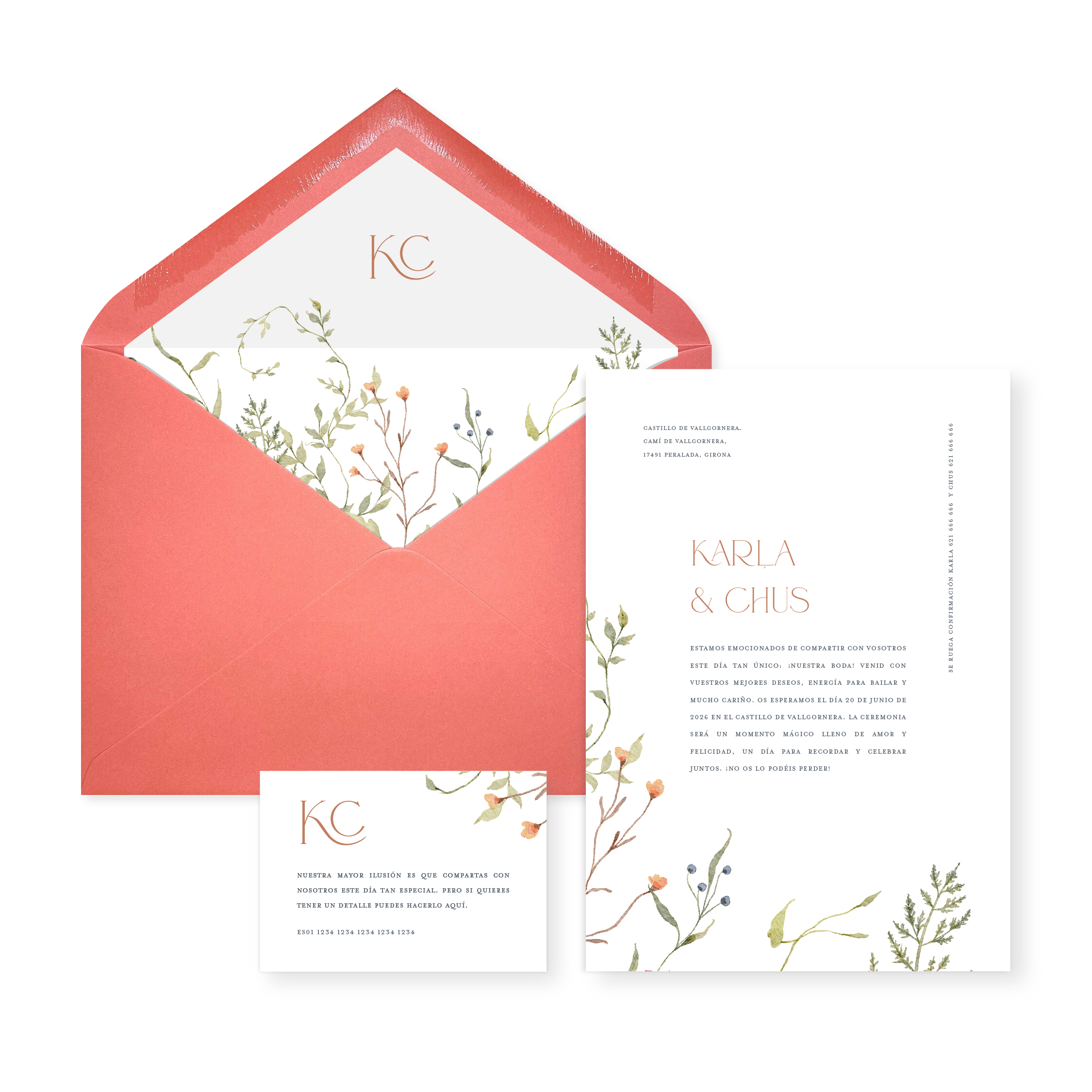 Invitación de boda Amelia_sobre abierto coral